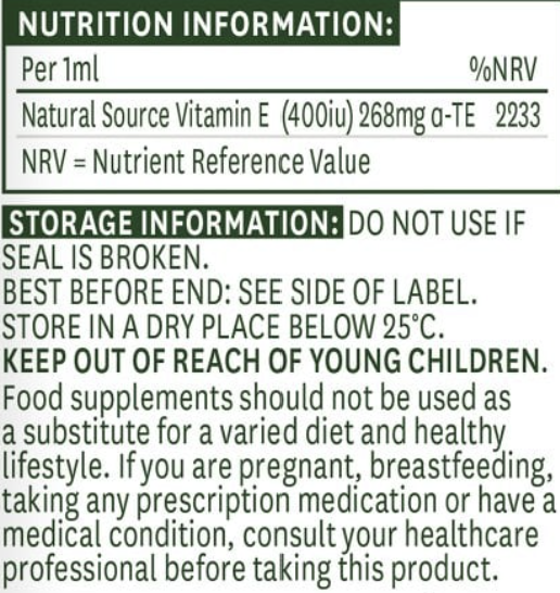 Nutrition and storage information label for a vitamin supplement.