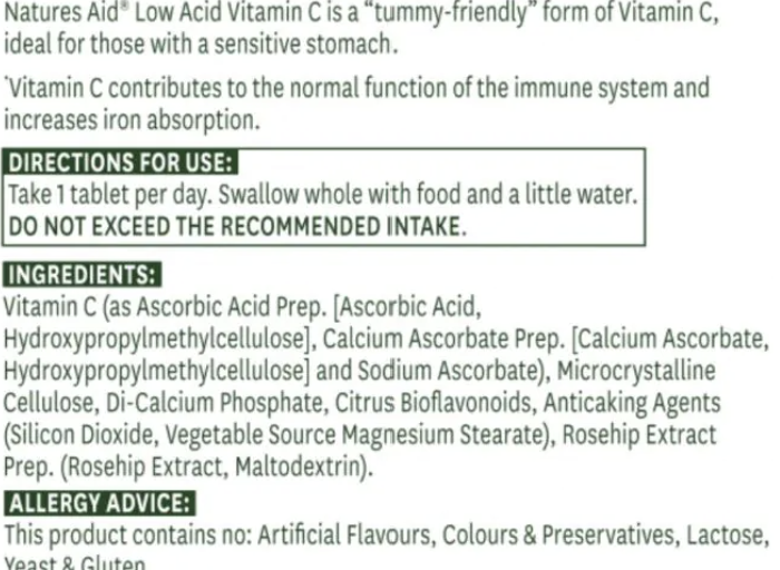 Natures Aid Low Acid Vitamin C supplement label with directions, ingredients, and allergen information.