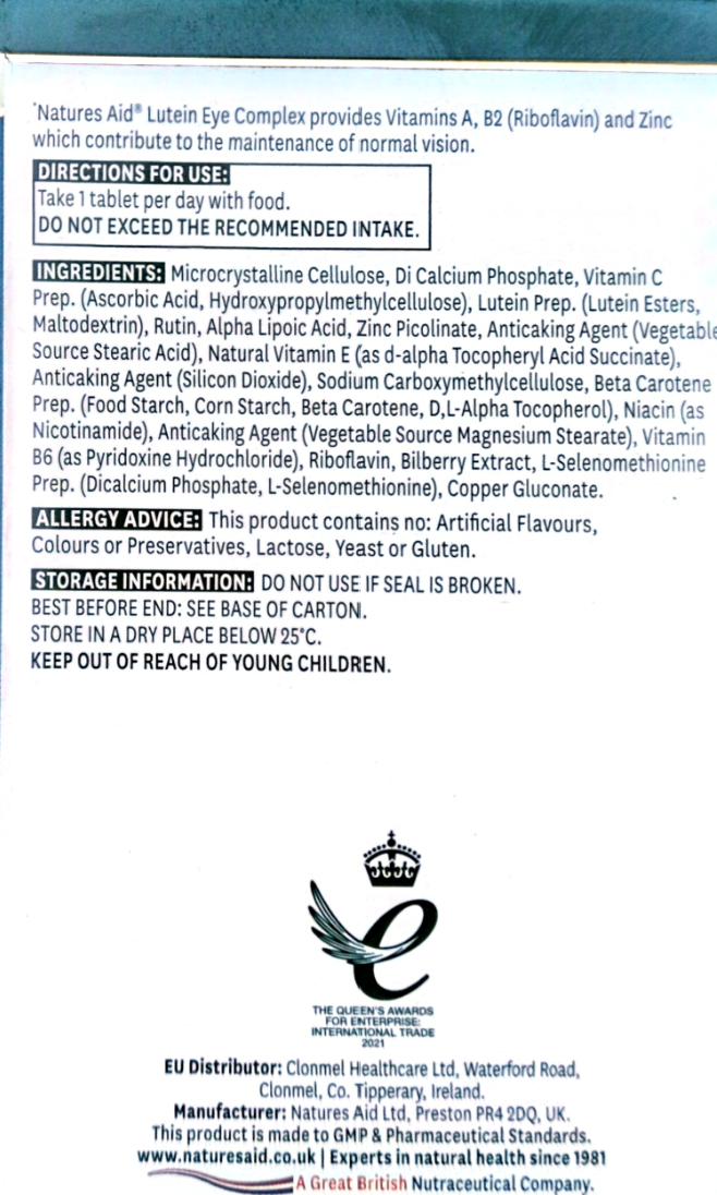 A close-up of a printed product information card for Nature's Aid Lutein Eye Complex, showing directions, ingredients, allergen advice, storage, and distributor details on a white background.