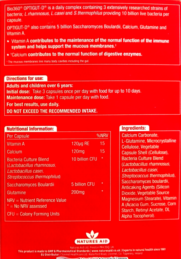 A black information panel for Nature's Aid OptiVigil D-20 dietary supplement, displaying product details, directions, nutritional information, ingredients, and a warning label.
