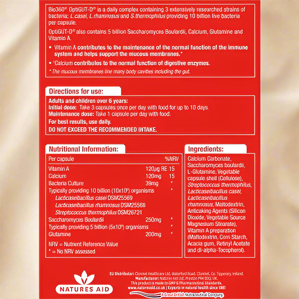 Back label of Natures Aid OptiGUT-D showing ingredients and nutrient breakdown
