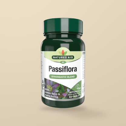 Natures Aid Passiflora Complex 60 Tablets — original product packaging on warm beige background