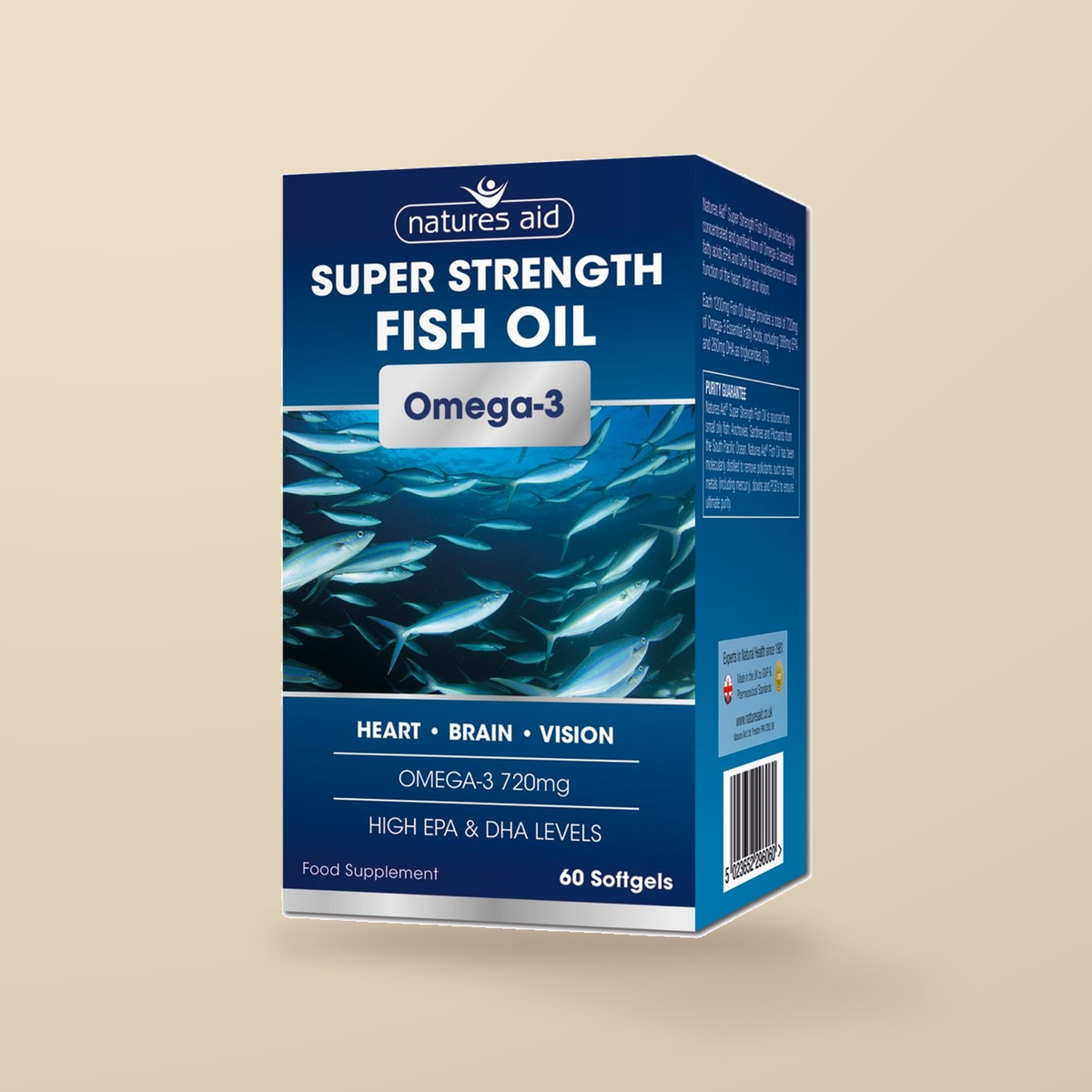 Natures Aid Super Strength Fish Oil Omega 3 60 Softgels — original product packaging on warm beige background