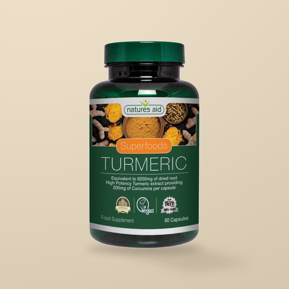 Natures Aid Turmeric 8200mg 60 Capsules — original product packaging on warm beige background