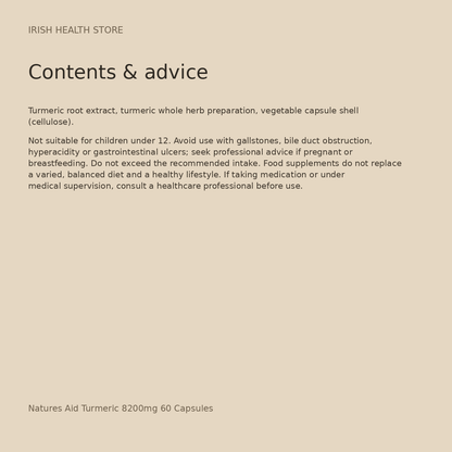 Natures Aid Turmeric 8200mg 60 Capsules contents and advice
