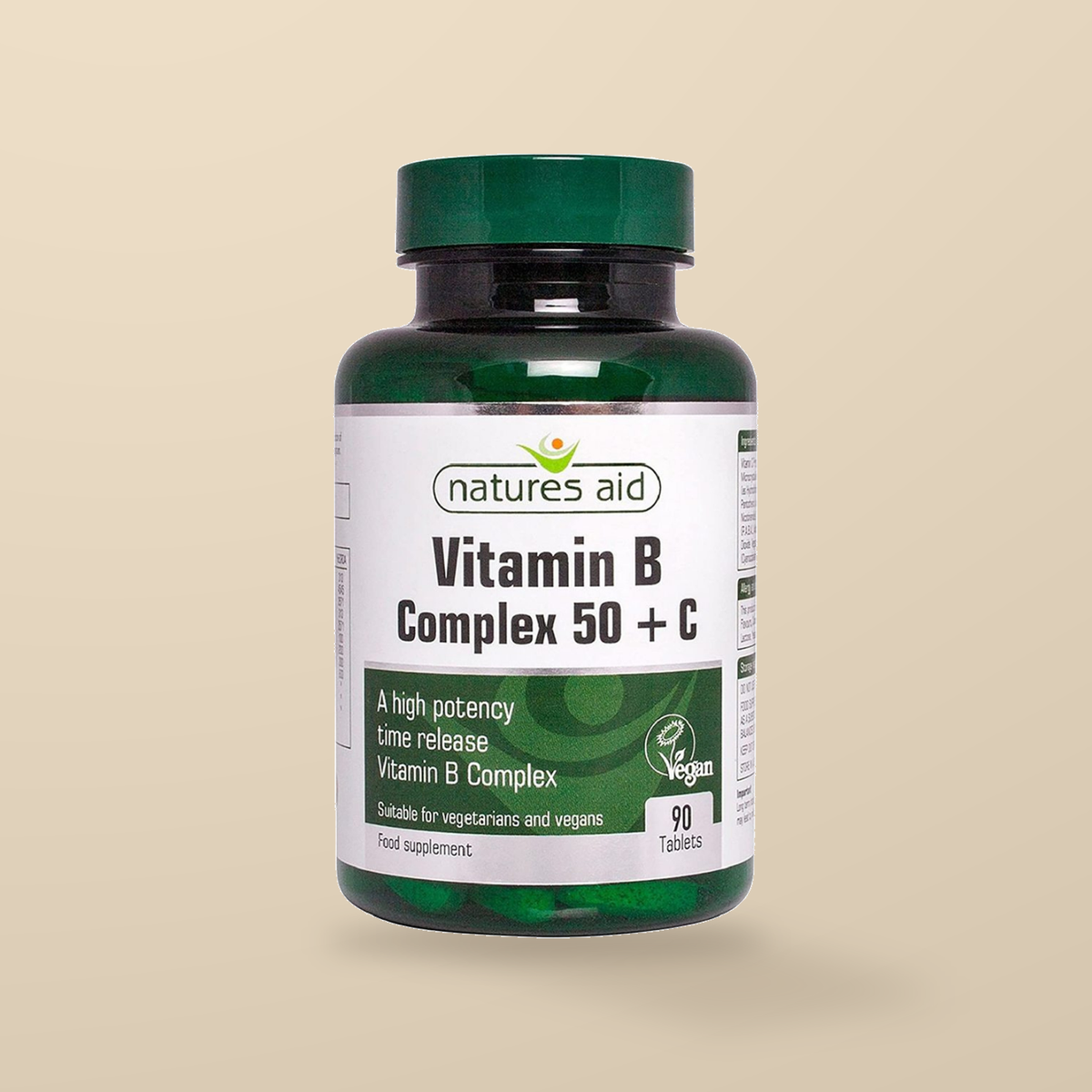 Natures Aid Vitamin B Complex 50 + C 90 Tablets — original product packaging on warm beige background