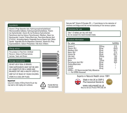 Natures Aid Vitamin B Complex 50 + C 90 Tablets manufacturer label information