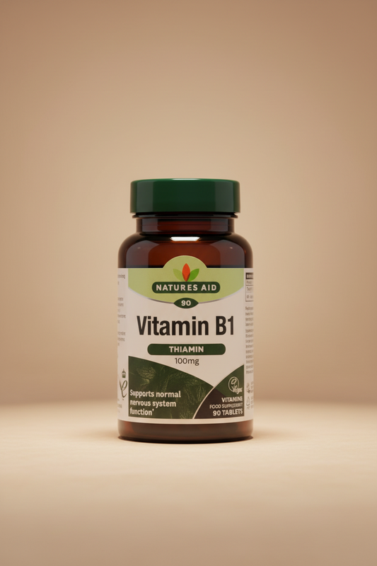 Natures Aid Vitamin B1 supplement bottle with green cap and label.
