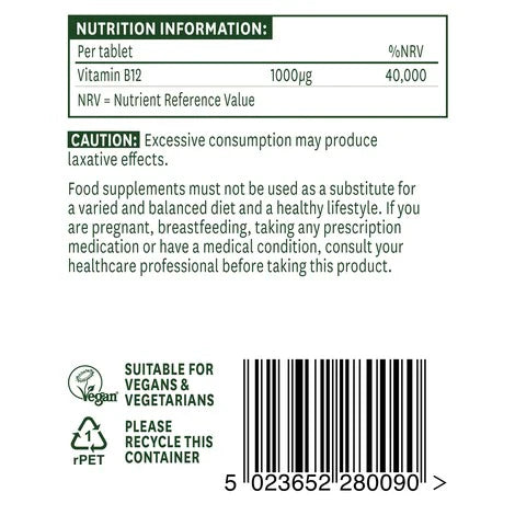 Ingredients and supplement facts on Natures Aid B12 1000µg