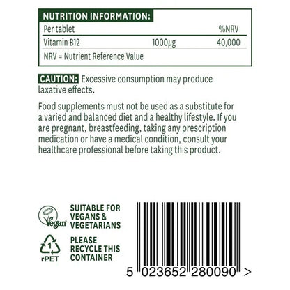 Ingredients and supplement facts on Natures Aid B12 1000µg