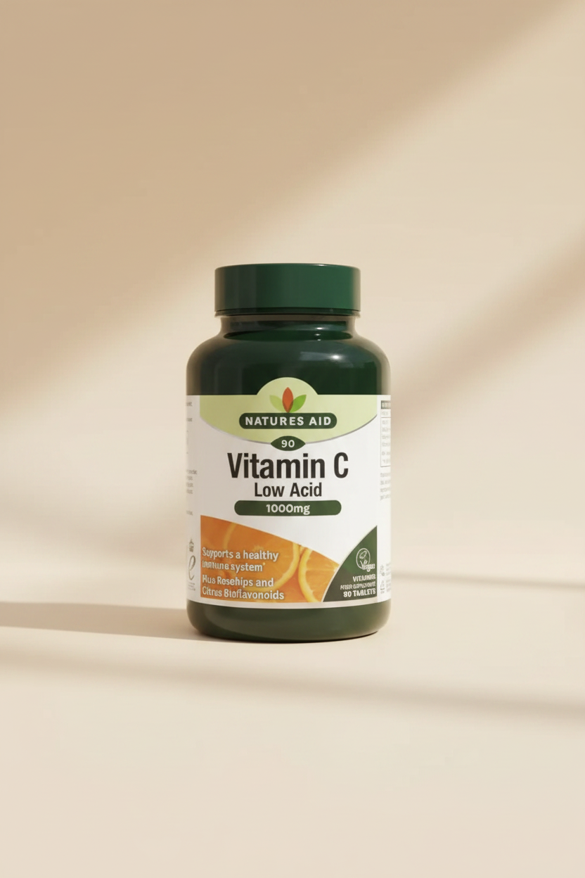 Natures Aid Vitamin C Low Acid supplement bottle on a white background
