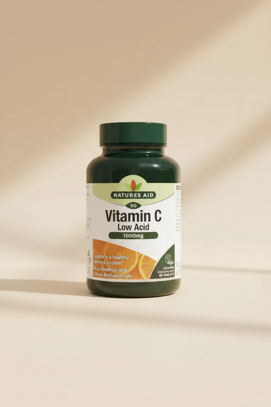 Natures Aid Vitamin C Low Acid supplement bottle on a white background