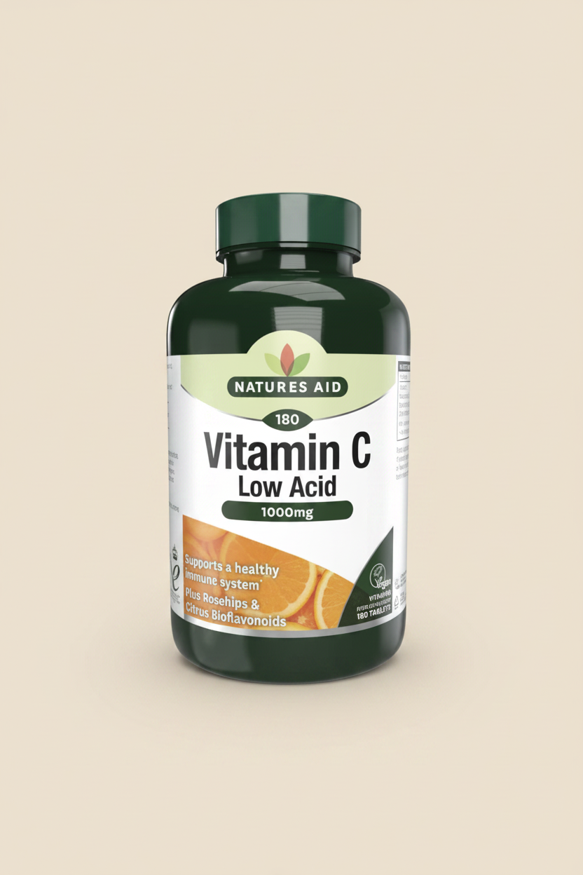 Natures Aid Vitamin C Low Acid supplement bottle on a white background