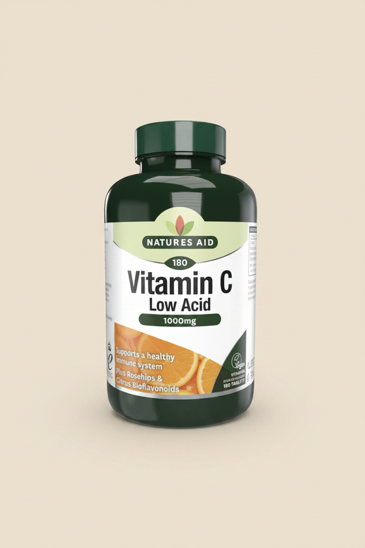 Natures Aid Vitamin C Low Acid supplement bottle on a white background