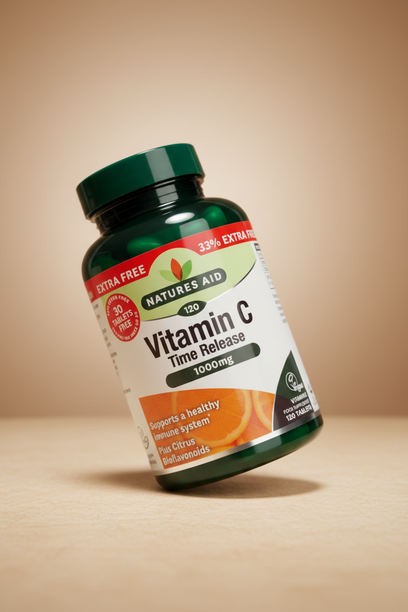 Nature's Aid Vitamin C Time Release supplement bottle with a green cap and label.