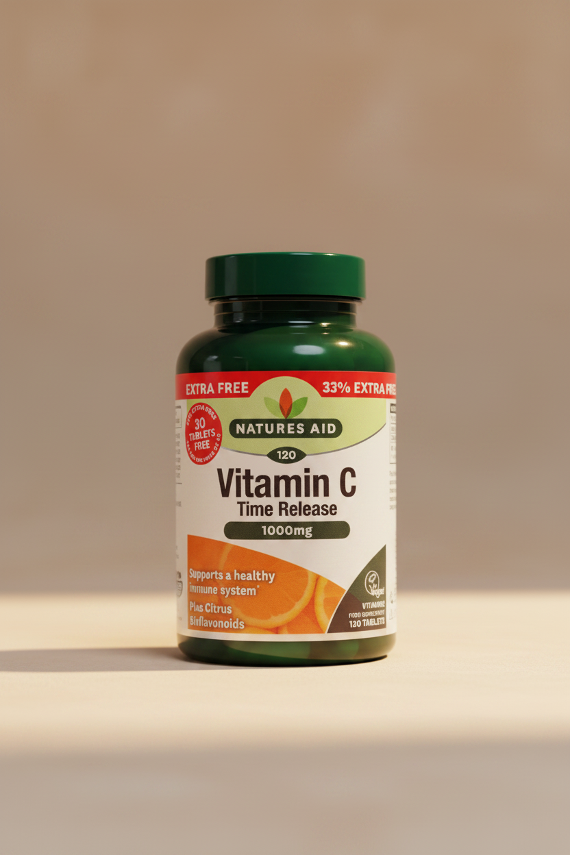 Nature's Aid Vitamin C Time Release supplement bottle with a green cap and label.