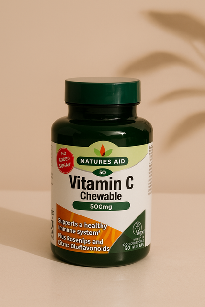 Front label of Natures Aid Vitamin C 500mg Sugar-Free Chewable – 50 Tablets