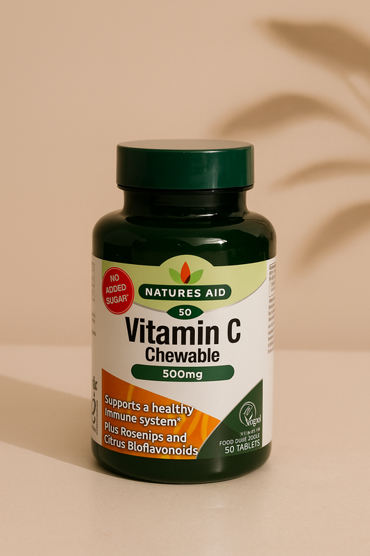 Front label of Natures Aid Vitamin C 500mg Sugar-Free Chewable – 50 Tablets