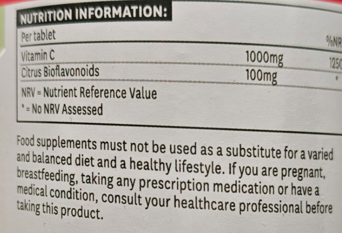 Nutrition information label on a supplement container with text and numbers.