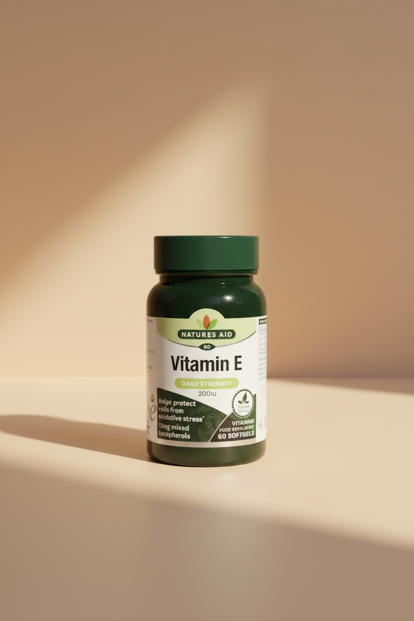 Natures Aid Vitamin E supplement bottle on a white background