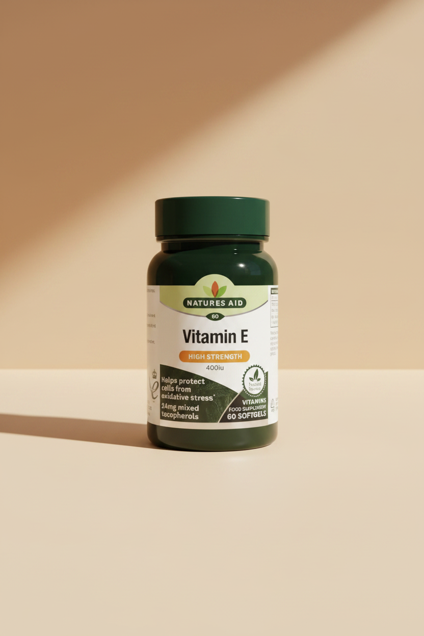 Natures Aid Vitamin E supplement bottle on a white background