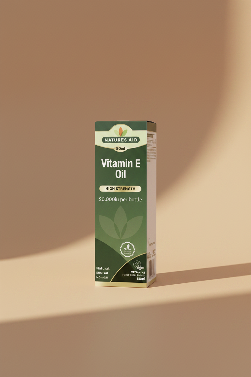 Natures Aid Vitamin E Oil packaging with green and white design