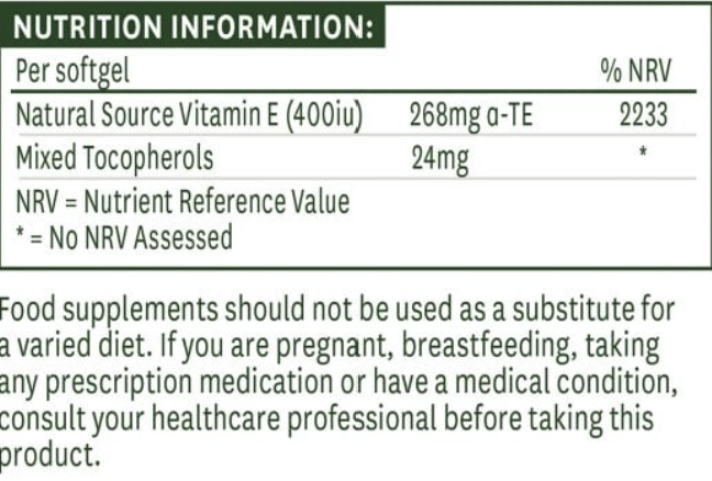 Nutrition information label for a vitamin supplement with vitamin E content.