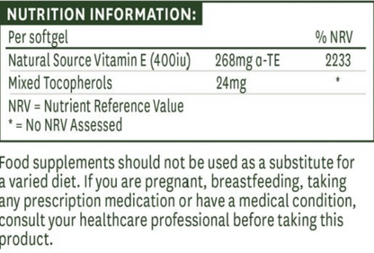 Nutrition information label for a vitamin supplement with vitamin E content.
