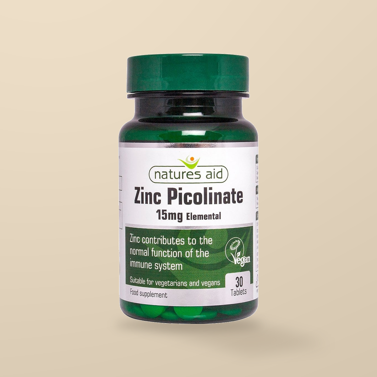 Natures Aid Zinc Picolinate 15mg 30 Tablets — original product packaging on warm beige background