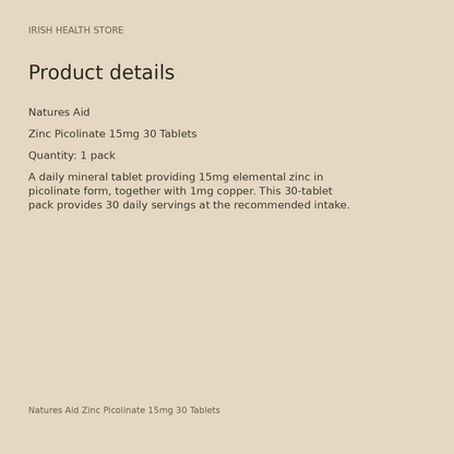 Natures Aid Zinc Picolinate 15mg 30 Tablets product details