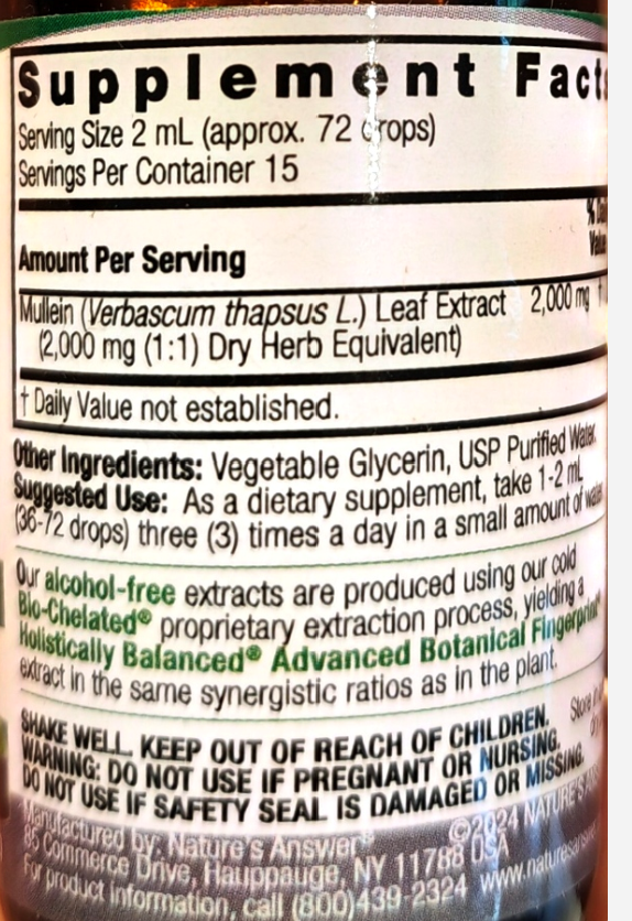 Close-up of a supplement facts label showing the Supplement Facts panel for a herb extract product. Visible text includes 'Mullein (Verbascum thapsis L.