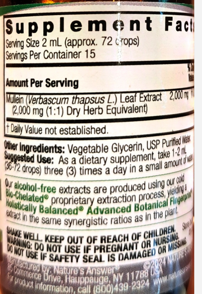Close-up of a supplement facts label showing the Supplement Facts panel for a herb extract product. Visible text includes 'Mullein (Verbascum thapsis L.