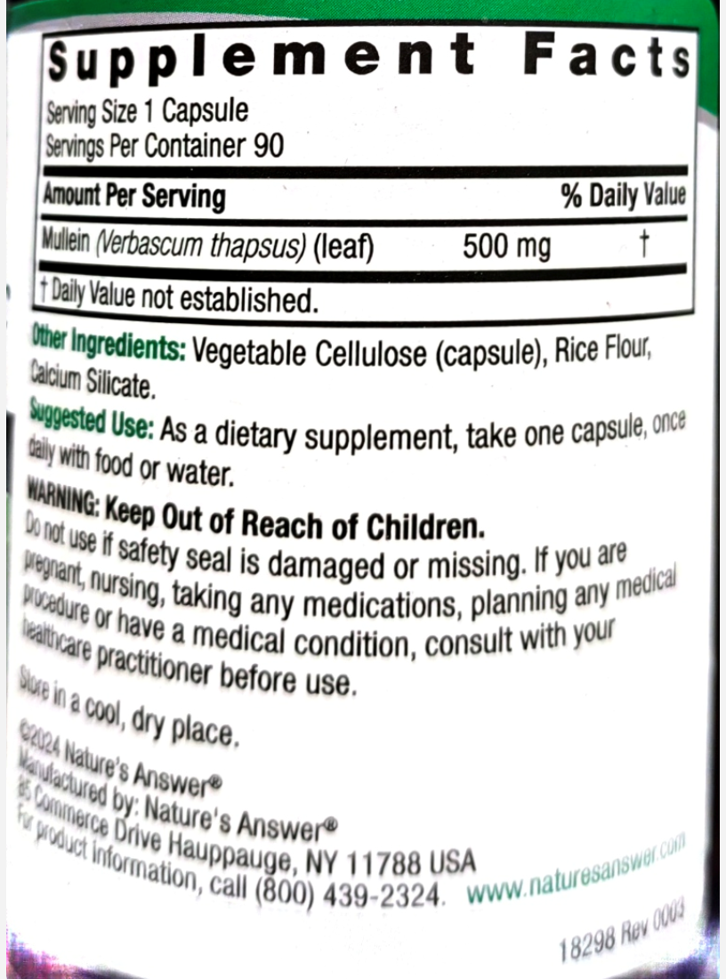 Close-up of a supplement facts label showing product details for Nature's Answer Mucin (Verbascus thapsus) (leaf) 500 mg, with serving size, daily value, ingredients, usage, and warning text.