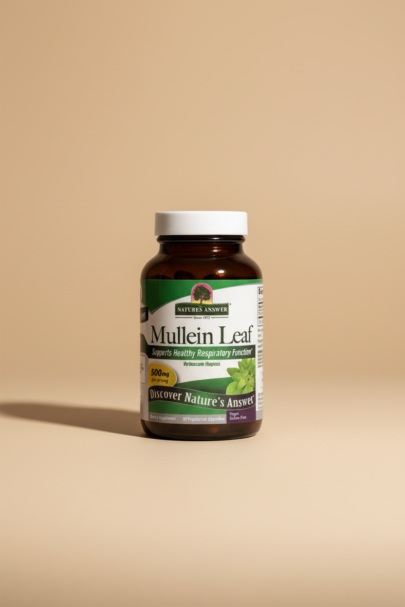 Nature's Answer Mullein Leaf dietary supplement in an amber brown bottle with a white cap, on a white background.