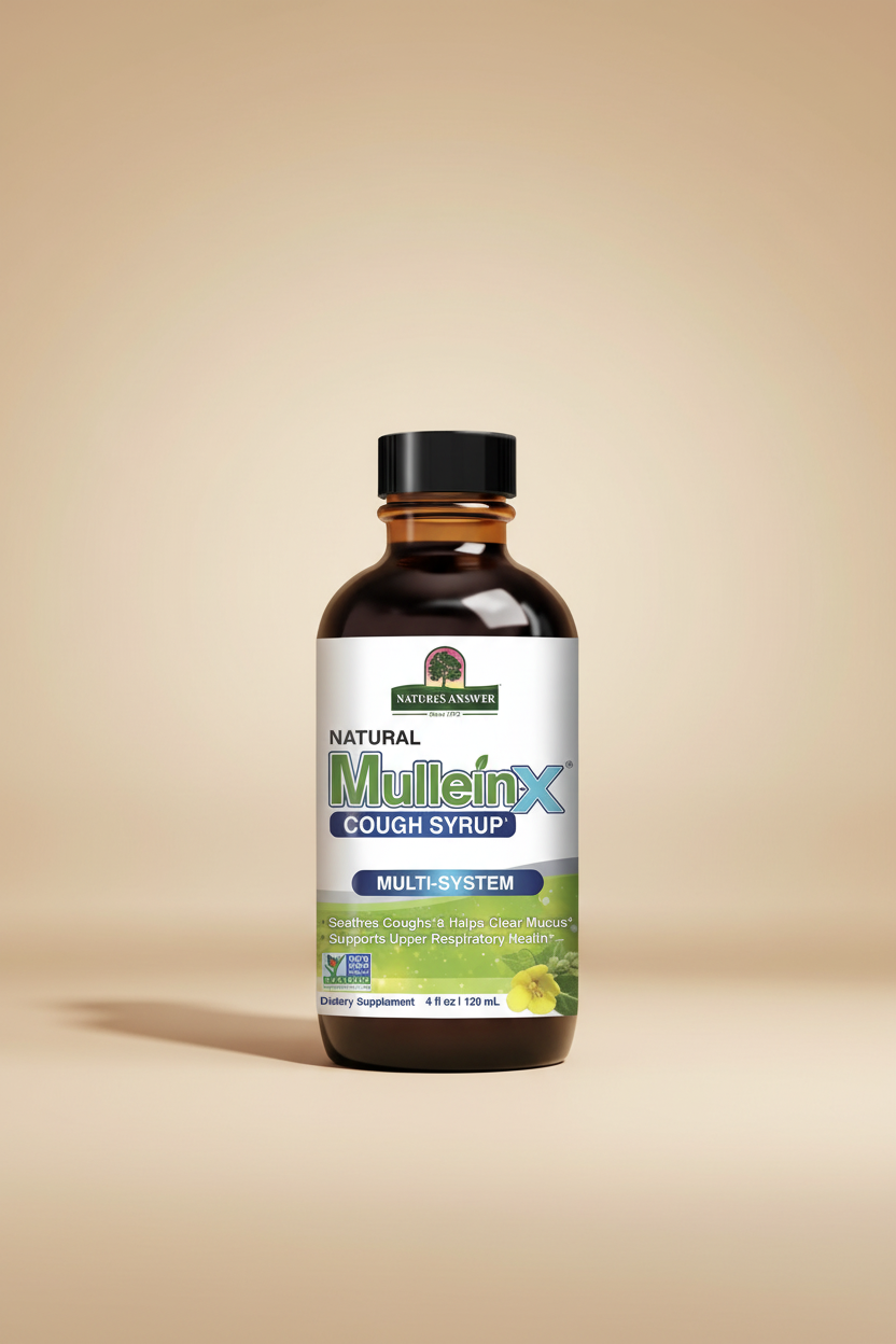 A bottle of Nature's Answer Mullein X Cough Syrup, Multi-System, in a 4 fl oz amber glass bottle with a black cap and a white label.