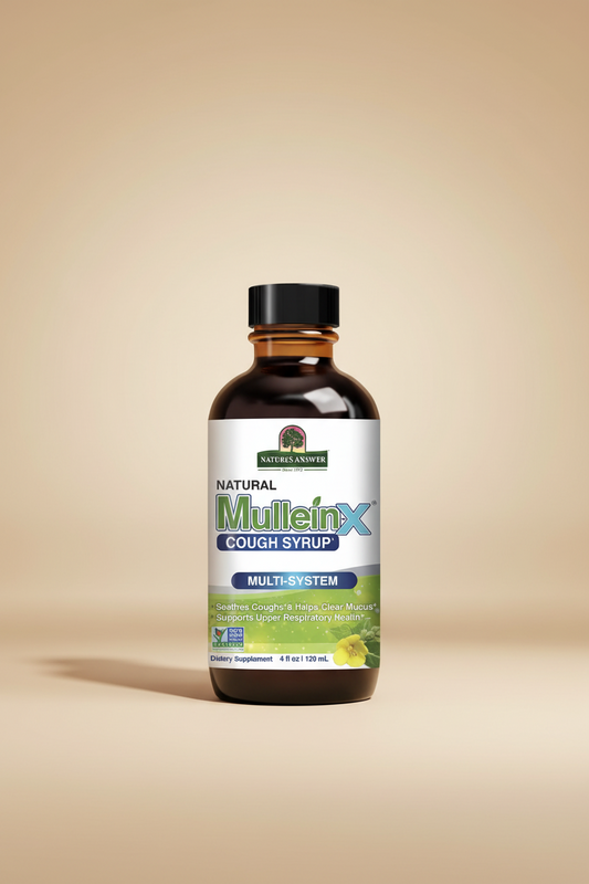 A bottle of Nature's Answer Mullein X Cough Syrup, Multi-System, in a 4 fl oz amber glass bottle with a black cap and a white label.