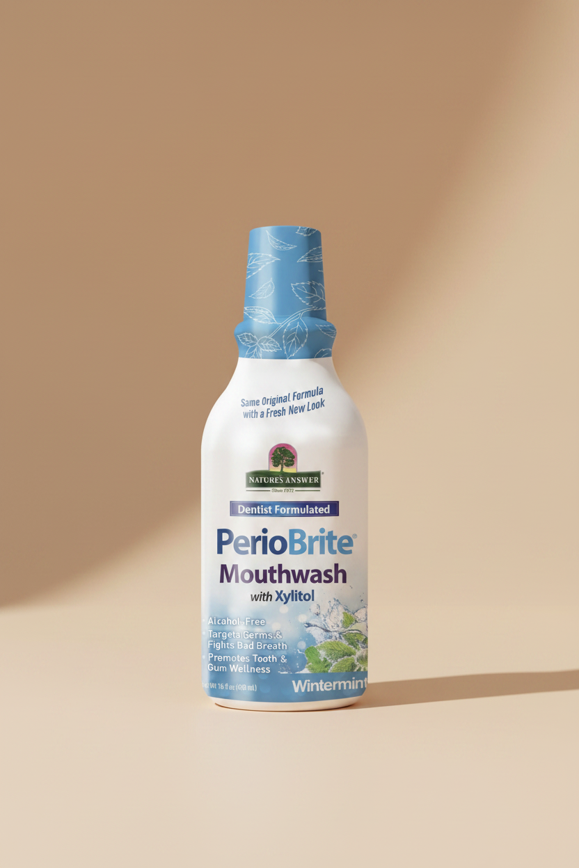 Nature's Answer PerioBrite Mouthwash Wintermint flavor, 16.9 fl oz bottle with a blue cap, on a white background.