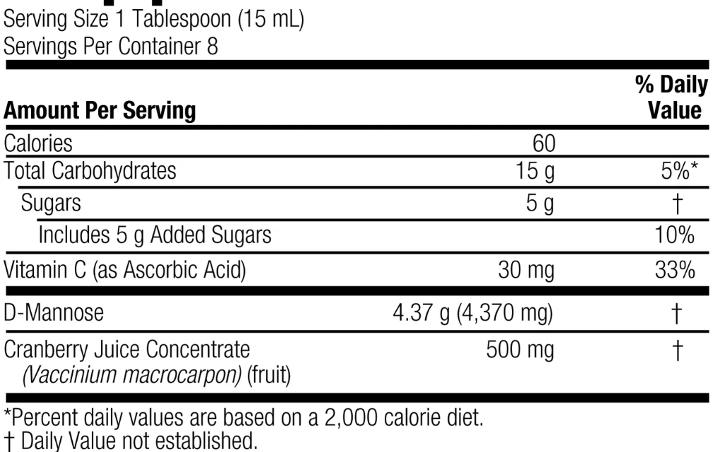 A black-and-white nutrition facts label showing serving size 1 tablespoon (15 mL), 8 servings per container, with calories, total carbohydrates, sugars, vitamin C, D-mannose, and cranberry juice concentrate listed in a table format.