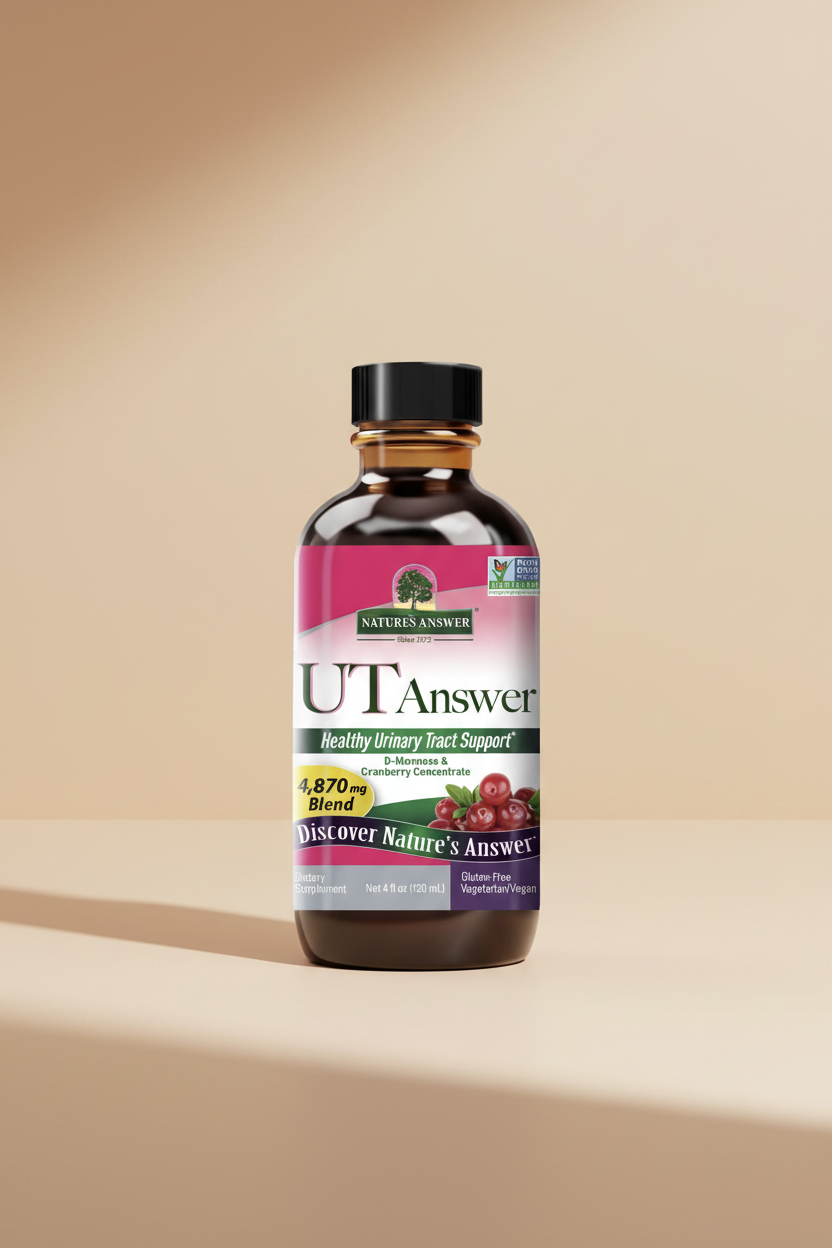 Nature's Answer UT Answer Healthy Urinary Tract Support dietary supplement in a 4 fl oz amber glass bottle with a black cap, featuring a pink, green, and white label with cranberry graphics.