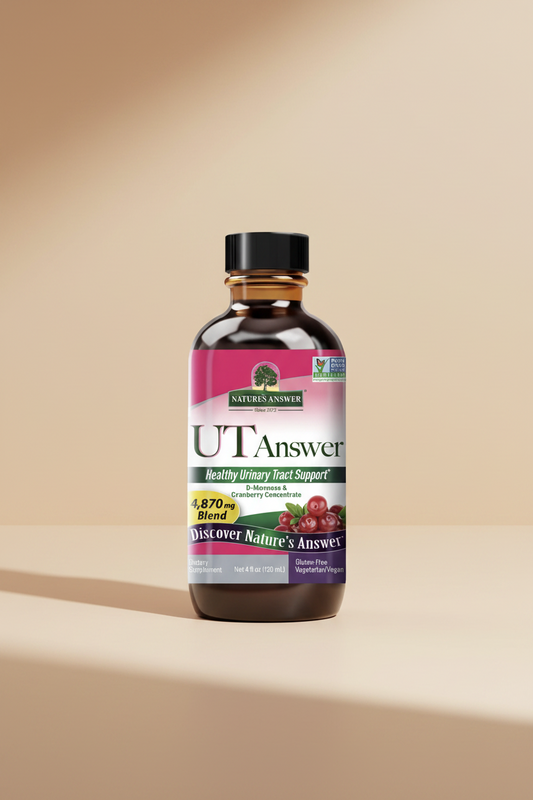 Nature's Answer UT Answer Healthy Urinary Tract Support dietary supplement in a 4 fl oz amber glass bottle with a black cap, featuring a pink, green, and white label with cranberry graphics.