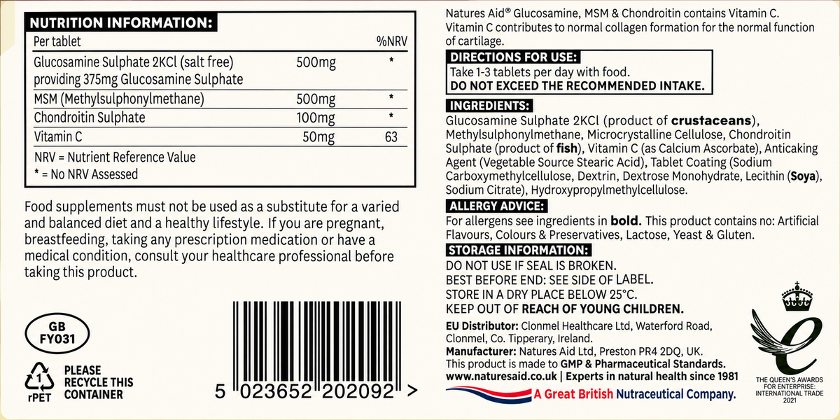 Natures Aid Glucosamine 500mg, MSM 500mg & Chondroitin – 90 Tablets — complete readable product label