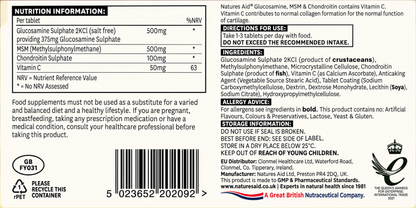 Natures Aid Glucosamine 500mg, MSM 500mg & Chondroitin – 90 Tablets — complete readable product label