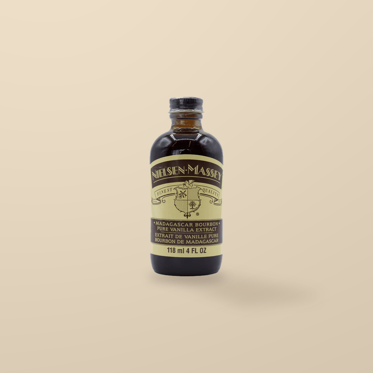 Nielsen-Massey Organic Madagascar Bourbon Vanilla Extract – 118ml — original product packaging on warm beige background