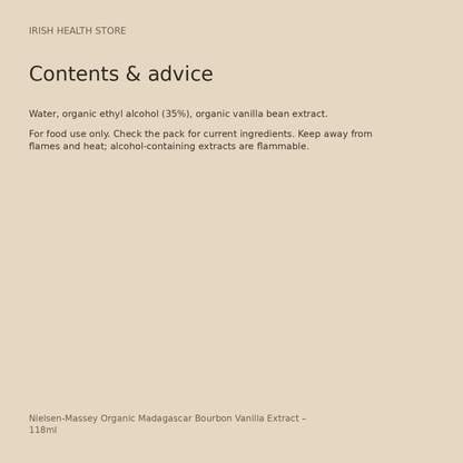 Nielsen-Massey Organic Madagascar Bourbon Vanilla Extract – 118ml ingredients and advice