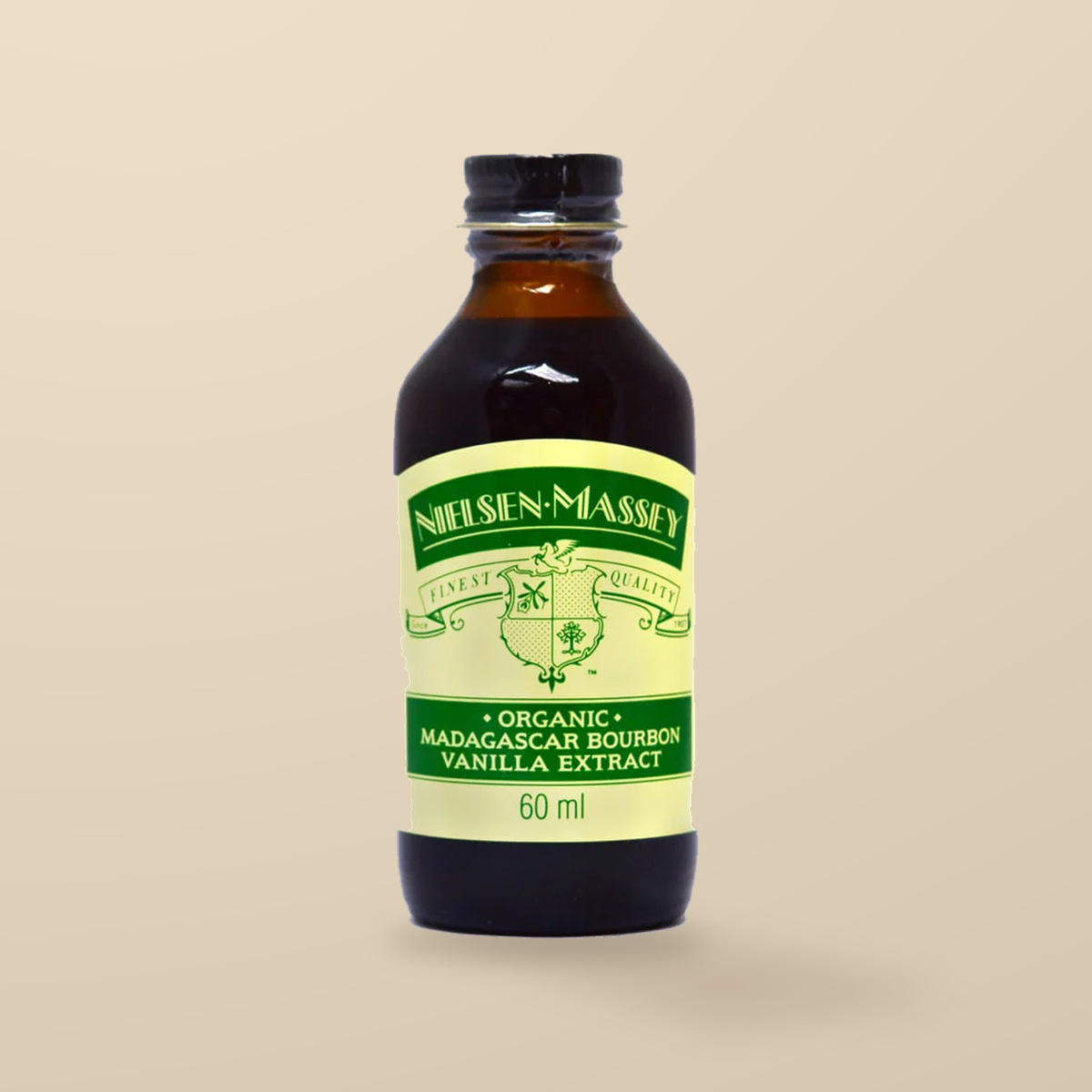 Nielsen-Massey Organic Madagascar Bourbon Vanilla Extract – 60ml — original product packaging on warm beige background
