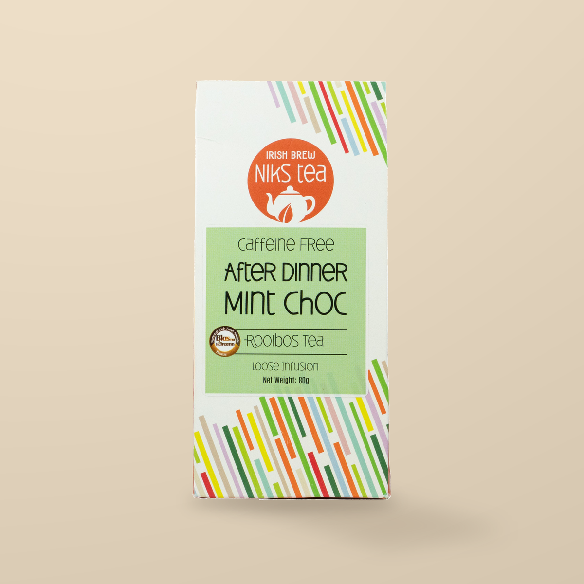 Niks Tea After Dinner Mint Choc Rooibos Loose Tea – 80g original product packaging on warm beige studio background