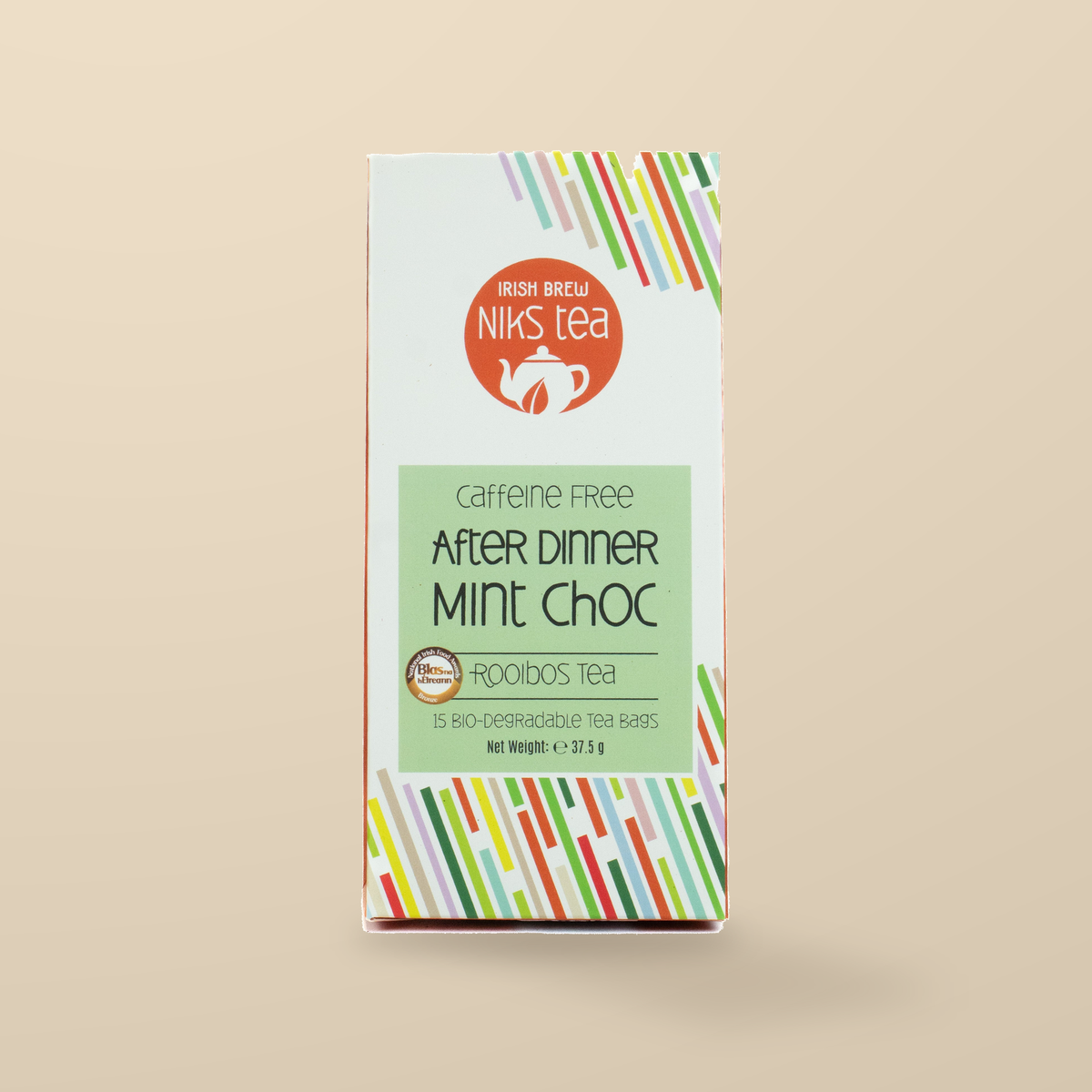 Niks Tea After Dinner Mint Choc Rooibos Tea – 15 Tea Bags original product packaging on warm beige studio background
