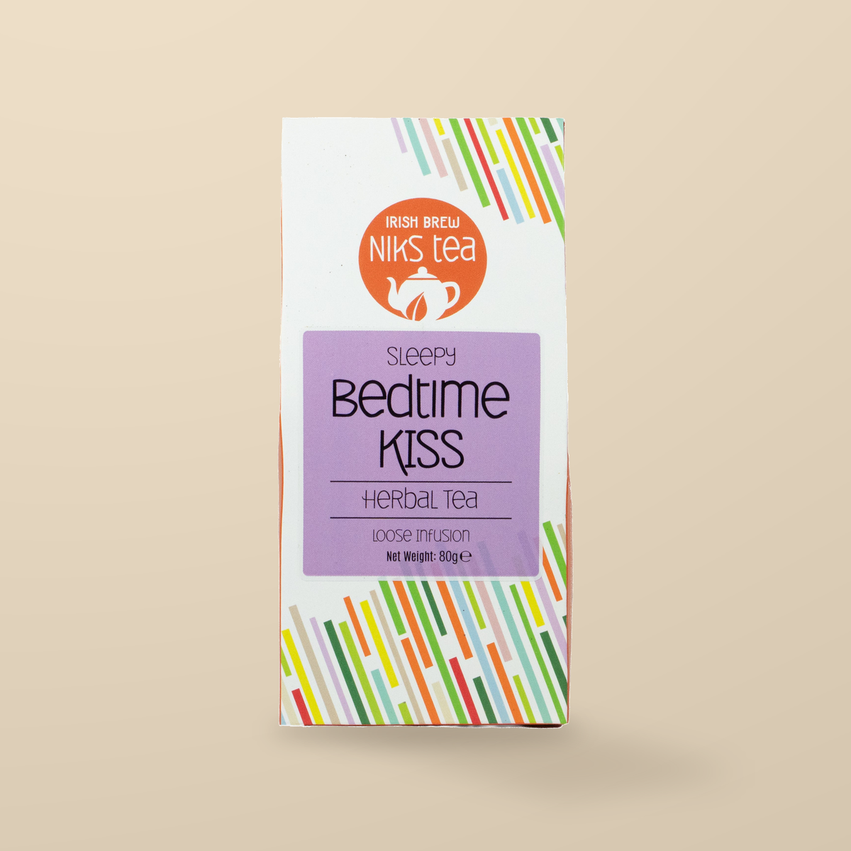Niks Tea Bedtime Kiss Herbal Loose Tea – 80g original product packaging on warm beige studio background
