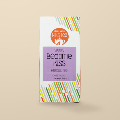Niks Tea Bedtime Kiss Herbal Loose Tea – 80g original product packaging on warm beige studio background