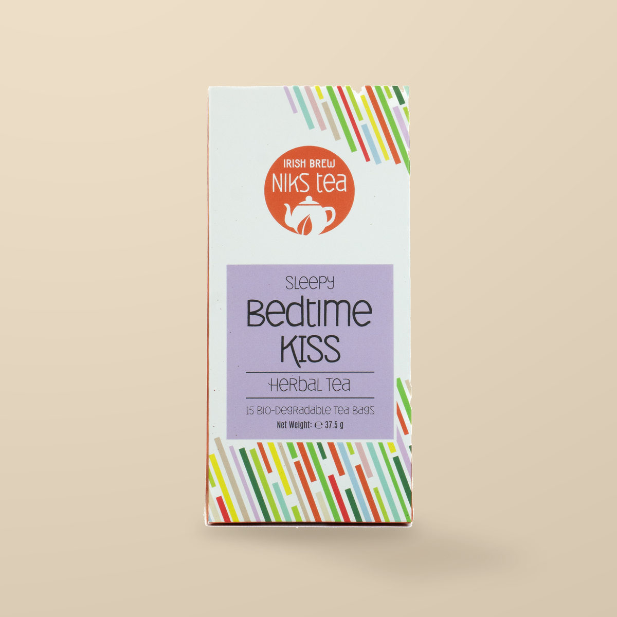 Niks Tea Bedtime Kiss Herbal Tea – 15 Tea Bags original product packaging on warm beige studio background